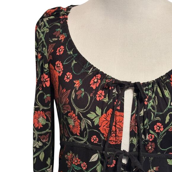 Free People Make it Easy Top Womens Large Black Floral Tie Front Cutout Blouse - Picture 4 of 9